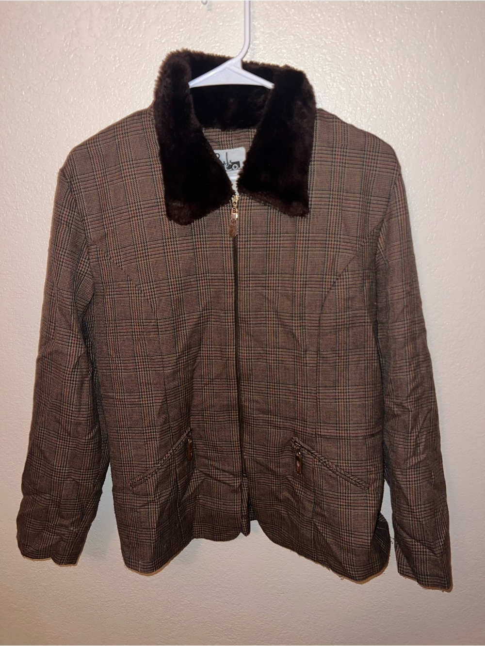 Plaid Brown Faux-Fur Collar Jacket - Women